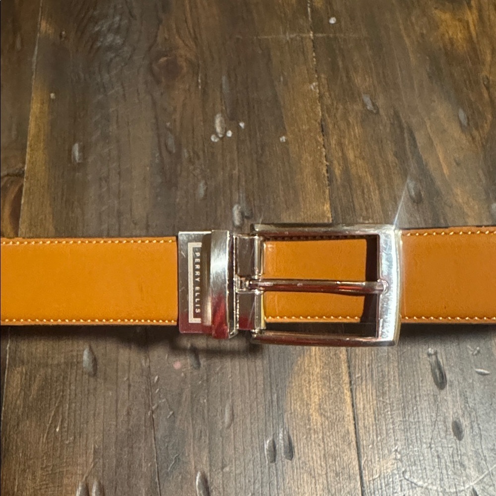 Perry Ellis Brown and Black Leather Reversible Belt with Silver Buckle